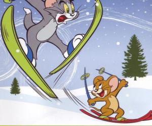 yapboz Tom ve Jerry kayaklar ile karda